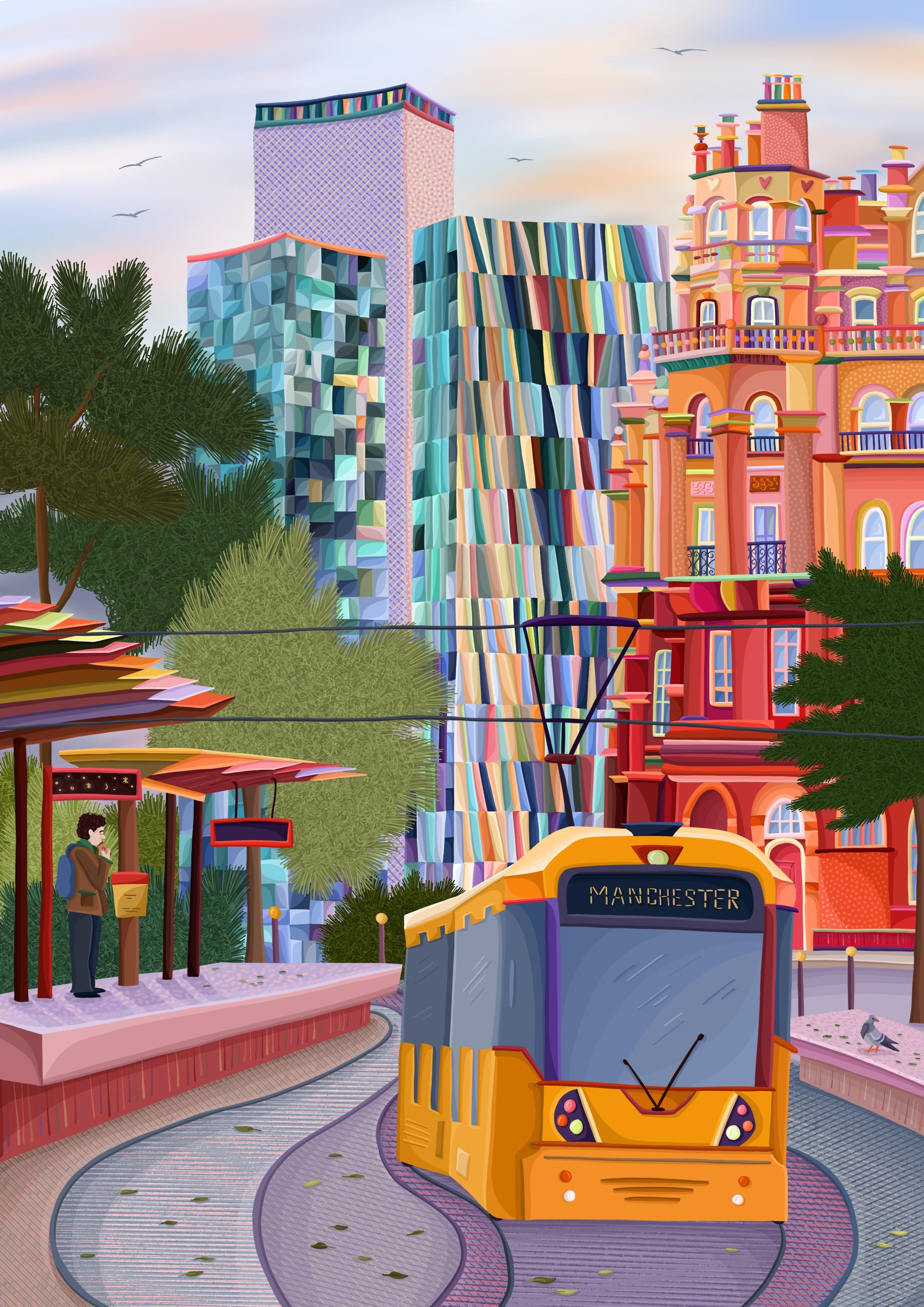 Colorful cityscape with a tram and modern buildings