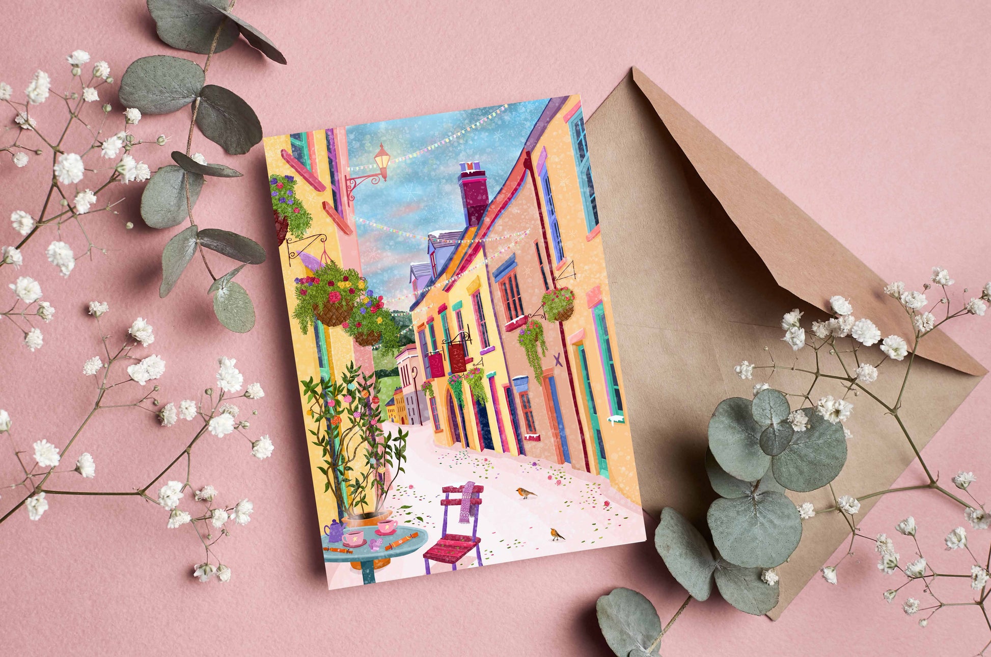 Colorful greeting card with a street scene, envelope, and decorative elements on a pink background