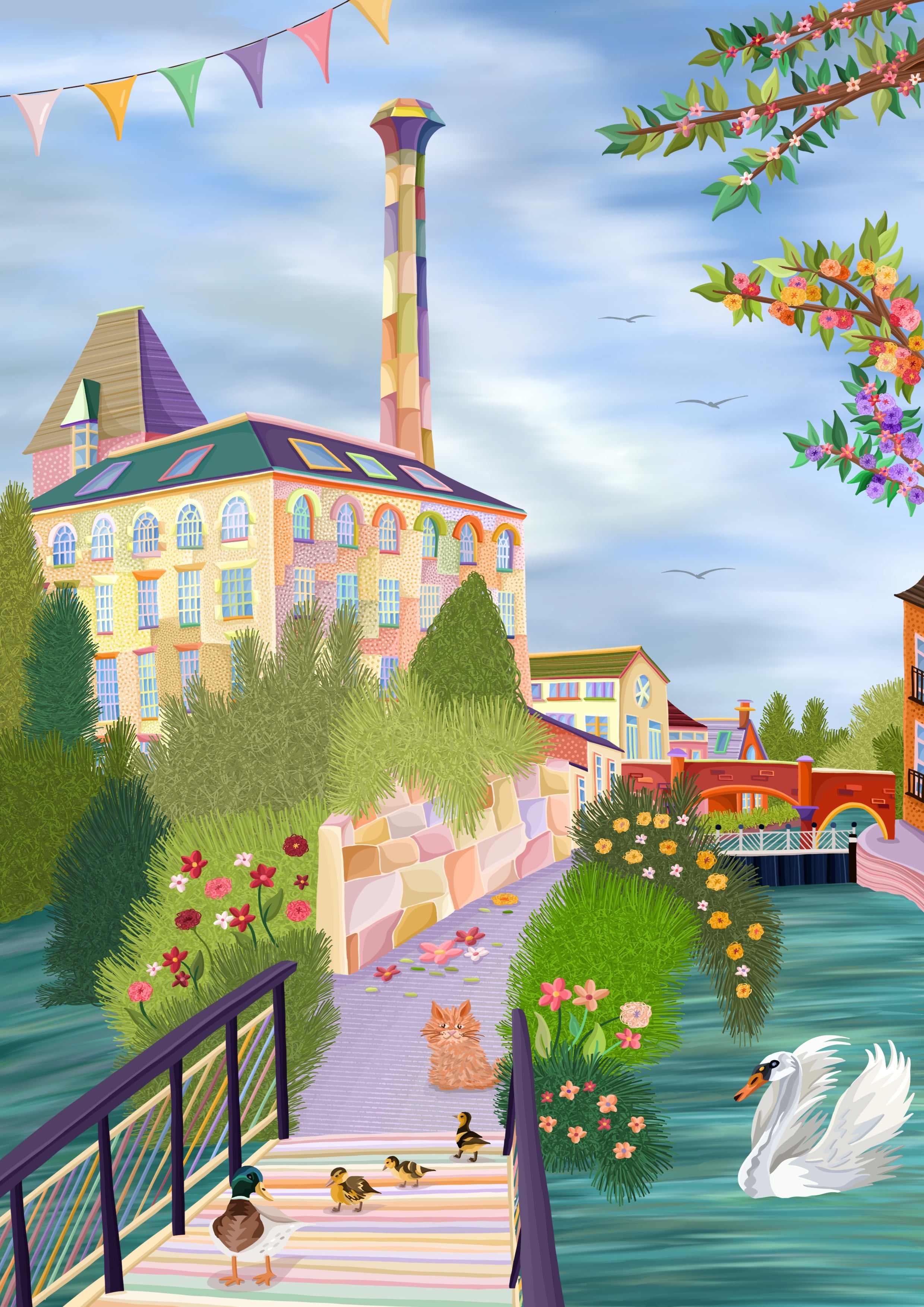 Colorful illustration of a canal scene with buildings, ducks, and a swan.