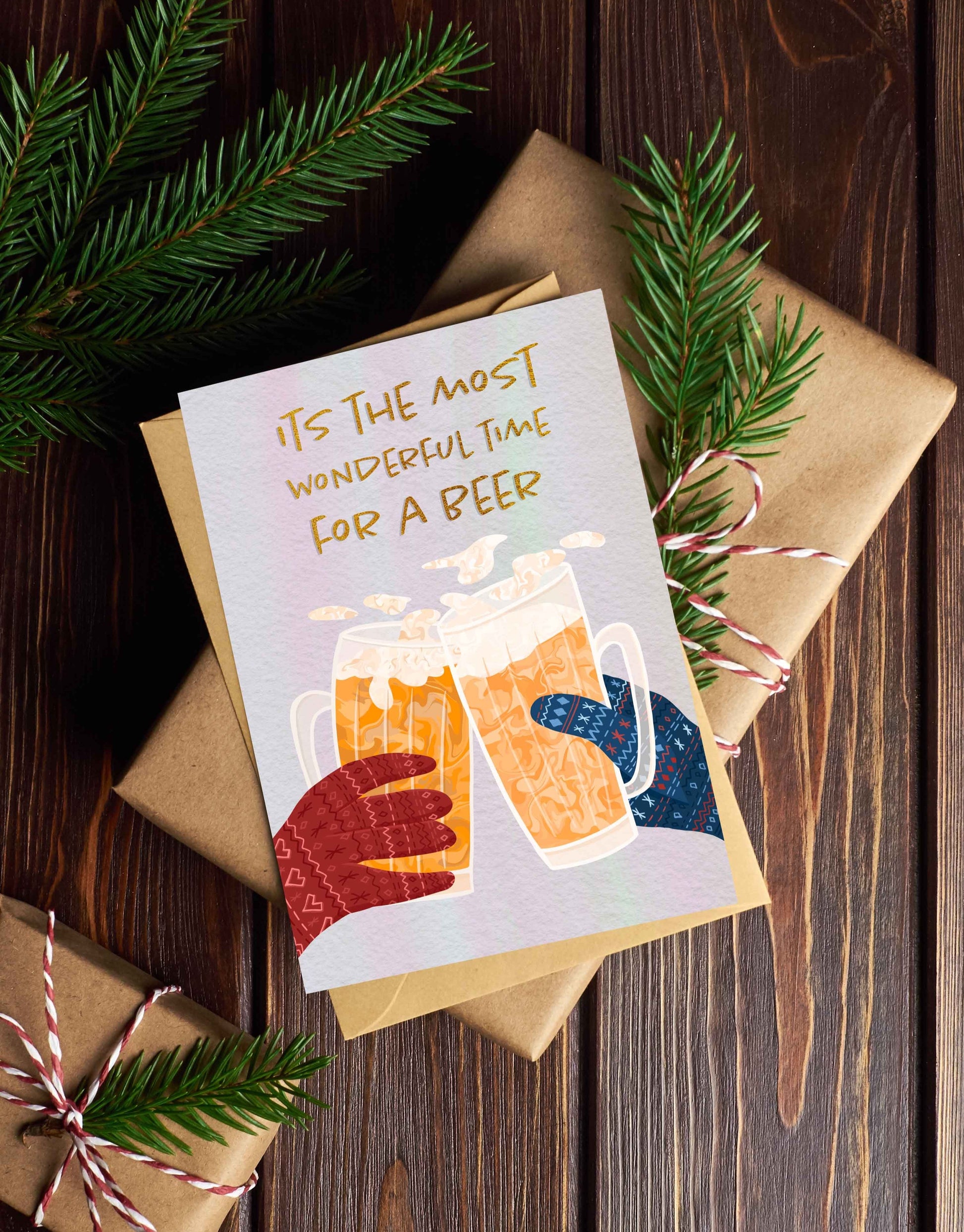 Gift card with beer illustration on a wooden surface
